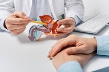 male reproductive system anatomical model in doctors hands close-up during consultation of male patient with suspected bacterial prostatitis