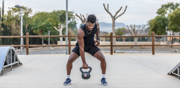 a handsome gentleman lifting a heavy kettlebell during his training in a city park on a nice day