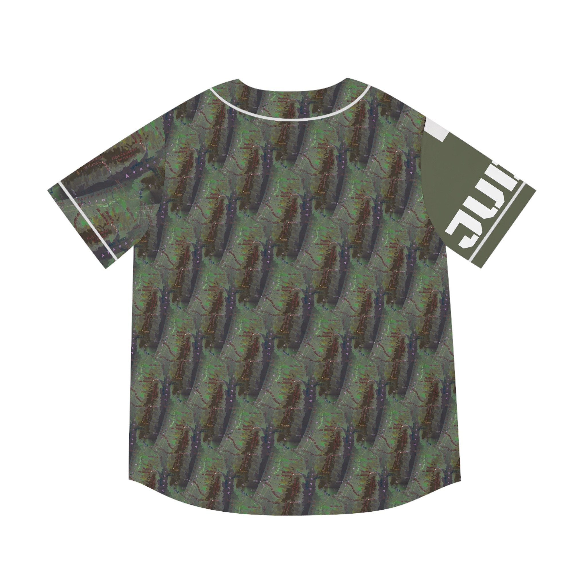 men's Hill Country of Judah camo maps graphic baseball jersey — grey and mint green athletic tee - Image 2