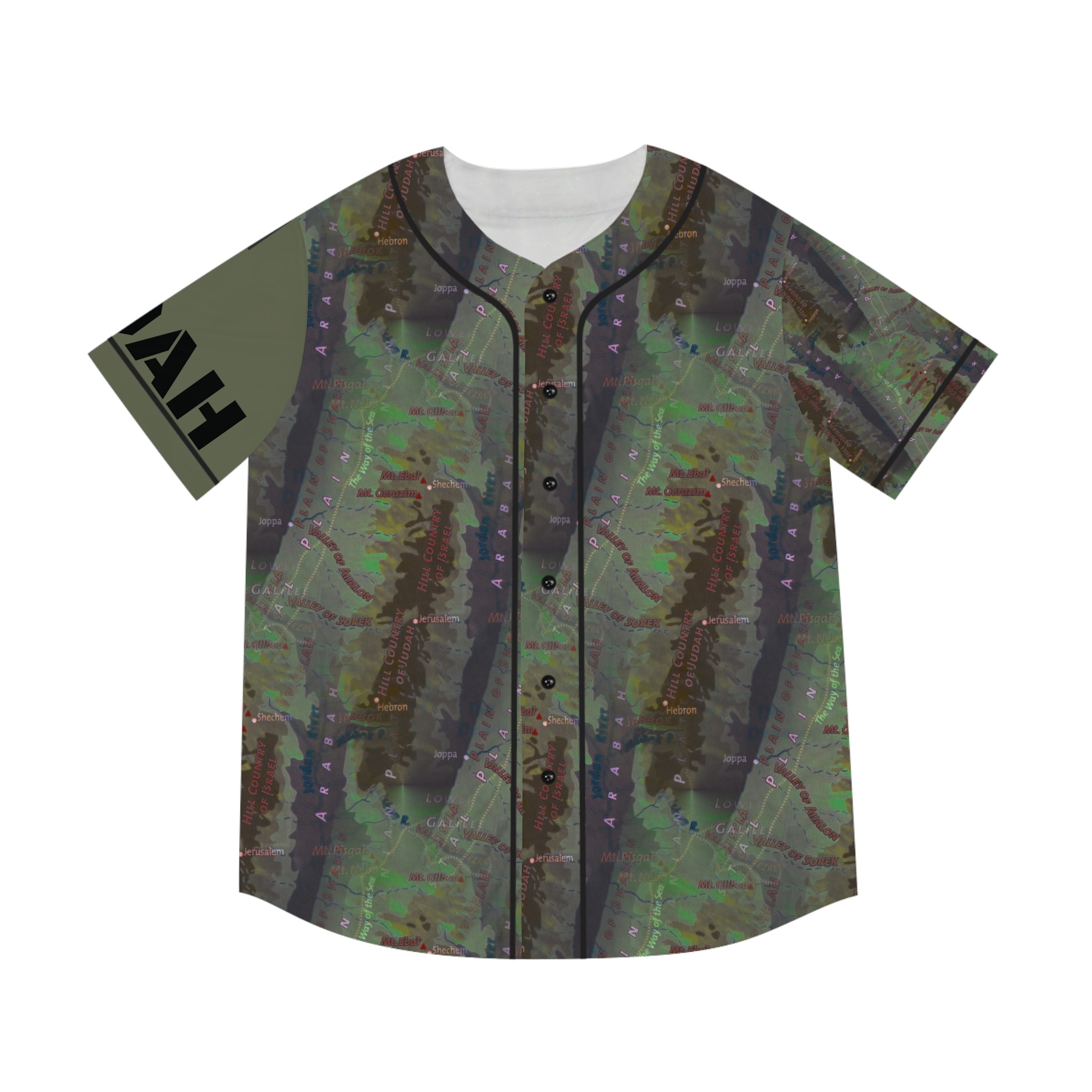 men's Hill Country of Judah camo maps graphic baseball jersey — grey and mint green athletic tee - Image 3