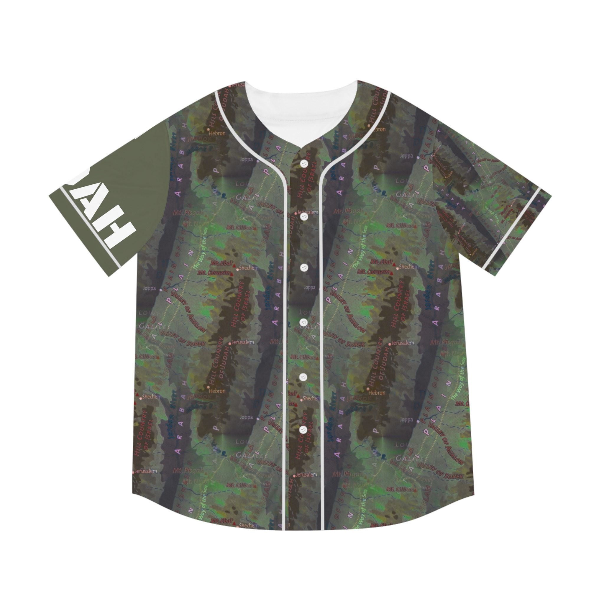 men's Hill Country of Judah camo maps graphic baseball jersey — grey and mint green athletic tee